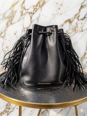 Victoria’s Secret Black Fringe Bucket Bag | Boho Festival | Western Shoulder Bag